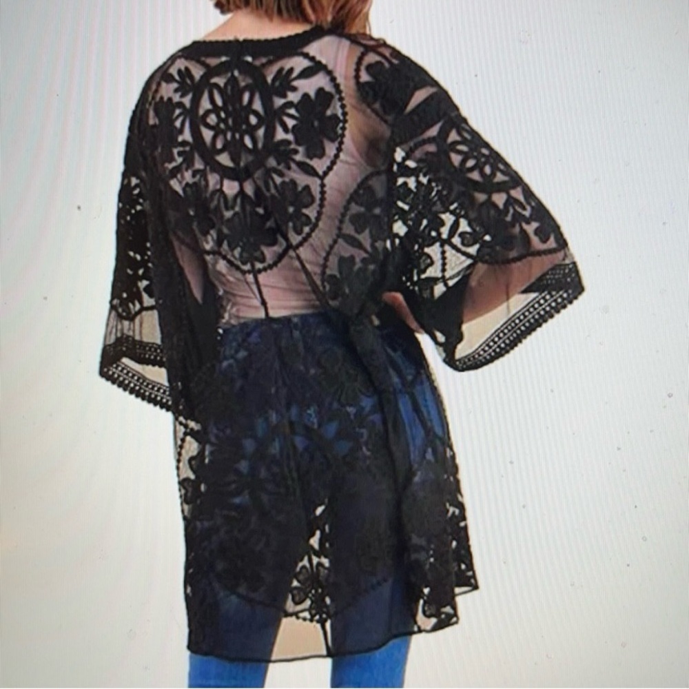 Umgee Boho Sheer Lace Kimono Cardigan, Flowers, Swim Cover-Up, Size Medium